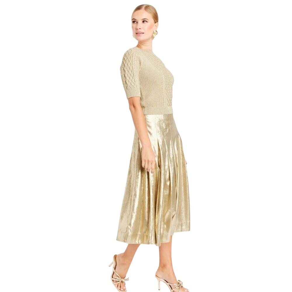 Mestiza $350 Seville Midi Elegant Gold Metallic Box Pleat Midi Glam Skirt 12